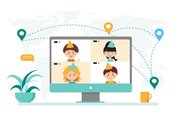 Naklejka premium Happy birthday! Children's holiday with cake and balloons on the laptop screen. Video chat online. Internet communication during quarantine. In cartoon style. Vector illustration