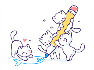 Vector illustration of cute happy cat with pencil drawing fish