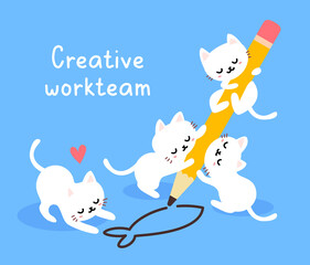 Vector illustration of cute happy white cat with pencil drawing fish