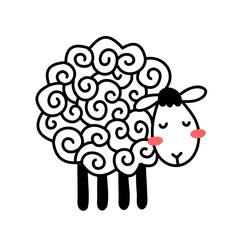 Vector illustration of cute line sheep with curly wool