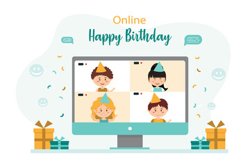 Happy Birthday! Children's holiday with friends on the screen of the computer. Video chat online. Internet connection during quarantine. There are gifts nearby . Vector flat illustration