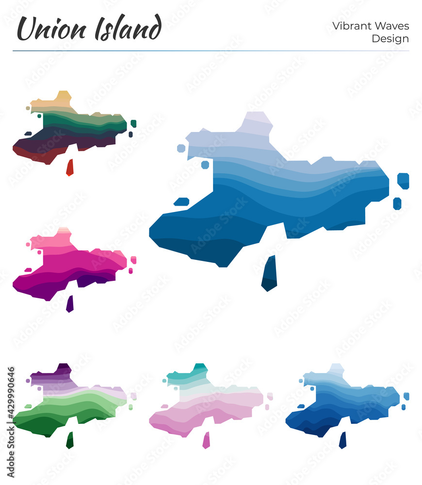 Poster set of vector maps of union island. vibrant waves design. bright map of island in geometric smooth c