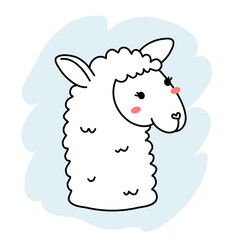 Vector illustration of head of cute happy line art llama