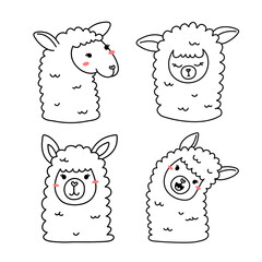 Vector set of illustration of head of cute happy line art llama © klaiority