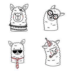 Vector set of illustration of head of cute happy line art llama with accessory