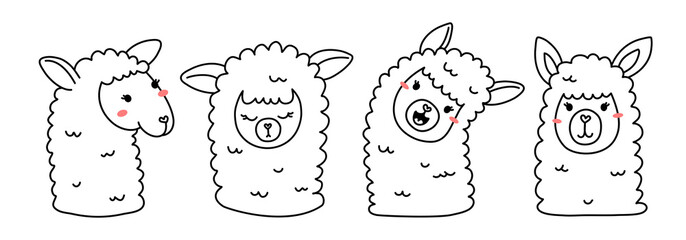 Vector set of illustration of head of cute happy line art llama © klaiority