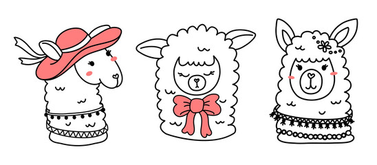 Vector set of illustration of head of cute happy line art llama with pink accessory