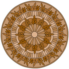 Bright mandala with oak leaves, autumn decorative element in bronze-brown shades