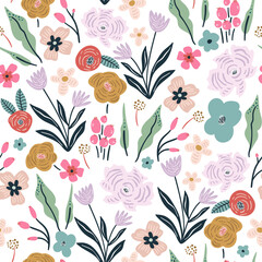 Seamless pattern with flowers, berries and leaves. Creative hight detailed floral texture. Great for fabric, textile Vector Illustration