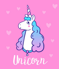 Vector illustration of head of cute happy unicorn with horn