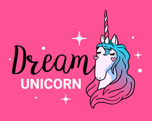 Vector illustration of head of beautiful unicorn with horn and color mane