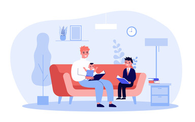 Single father reading book to children. Man with baby and son on sofa, adult and child holding books flat vector illustration. Family, leisure concept for banner, website design or landing web page