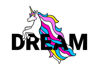 Vector illustration of head of beautiful unicorn with horn and rainbow mane