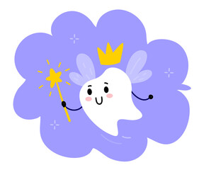 Vector illustration of cute tooth fairy character with magic wand and wing