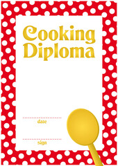Cooking diploma background with golden spoon and polka dot frame (template) 