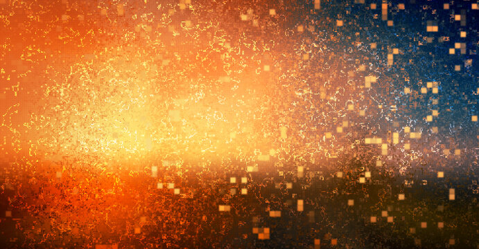 Abstract Background flying Pixels. Yellow and Orange Shades. Pixel Explosion. Digital Art.