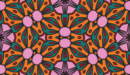 Abstract colorful doodle geometric flower seamless pattern. Floral background. Mosaic, geo tile of thin line ornament.