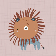 Cute cartoon lion with ink drawn hair. Childish print for nursery, kids apparel,poster, postcard. Vector Illustration