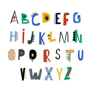 Decorative kids abc in funny dino style. Creative alphabet isolated. Vector illustration
