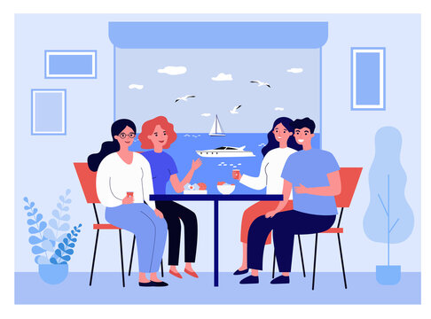 Happy friends on vacation having meal together. Couples chatting at table, motor boat outside window flat vector illustration. Holiday, voyage concept for banner, website design or landing web page