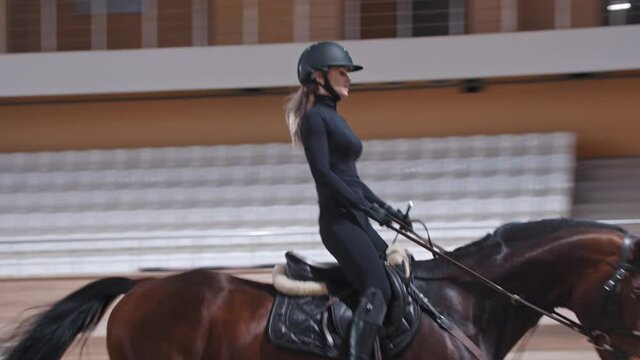 A horsewoman riding a brown horse on arena and stopping it