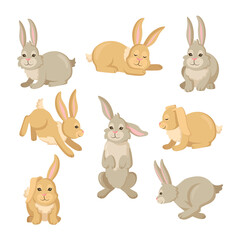 Grey and brown cartoon rabbit and hare characters set. Cute Easter bunnies running, jumping, sitting, sleeping. Vector illustration isolated in white background. Easter, farm, animal concept