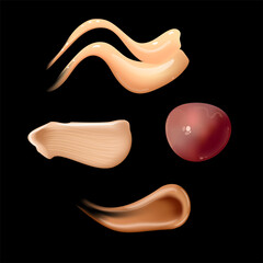 Set of realistic cosmetic cream smears. Skin toner of different body colors. Lotion smooth smear isolated vector texture on black background.