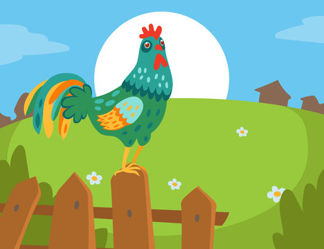 Cute cartoon rooster sitting on fence in village. Domestic multicolored bird on farm in summer flat vector illustration. Countryside, nature, farm, summer, agriculture concept
