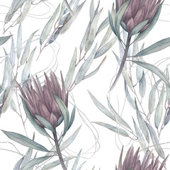 Watercolor seamless pattern. Vintage print with  eucalyptus branches, protea and silver shapes. Hand drawn illustration