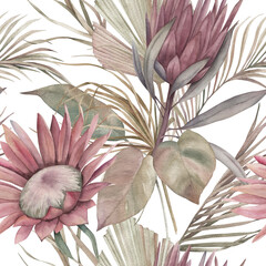Watercolor seamless pattern. Vintage print with  jungle leaves, protea. Hand drawn illustration
