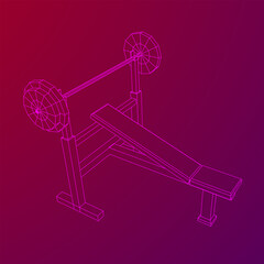 Barbell with weights. Gym equipment. Bodybuilding, powerlifting, fitness concept. Wireframe low poly mesh vector illustration.