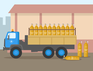 Truck with balloons of carbon dioxide flat vector illustration. Vehicle transporting industrial fuel, cylinders with dangerous gas, gas storage. Industry, fuel concept