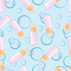pattern, decor of baby bottles with milk in pink color on a dull background, vector illustration,