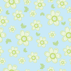 pattern, decor of green flowers on a blue background, vector illustration,