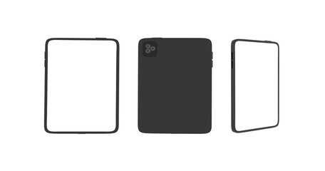 New Realistic Scalable Tablet black Space Gray Drawing Pad. Blank Screen Isolated. Front, Back, and Side Display View. High Detailed Device Mockup. Separate Groups and Layers. 3d illustration.