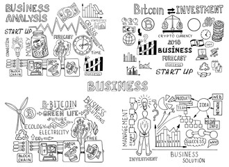 Business doodle sketch set: infographics elements isolated, vector shapes. It include lots of icons included graphs, stats, devices, chart, concepts, strategy. Vector hand drawn blueprint illustration