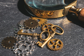 old rusty key with keyhole, old rusty key on wooden background, old watch and gears, old watch mechanism