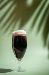 Glass of dark beer with foam head on colorful green background, bright shadows of palm leaves