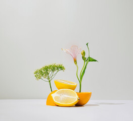 Spring flowers bloomin out of lemons and oranges. Minimal nature concept.