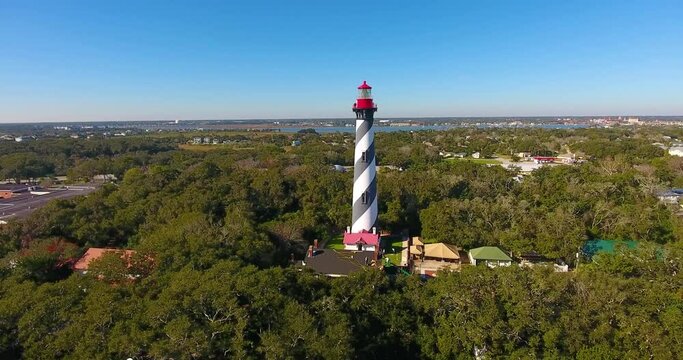 St. Augustine Lighthouse aerial view. This light is a National Historic Landmark on Anastasia Island in St. Augustine, Florida FL, USA.