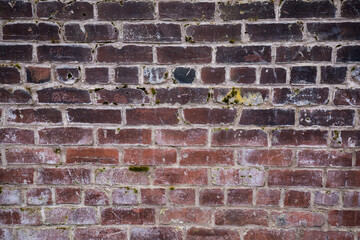 Distressed, Weathered brick wall made from reclaimed bricks. Red brick wall