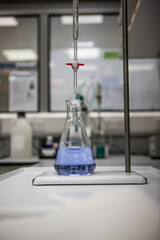 Analytical chemistry titration equipment. Laboratory glassware in a science lab