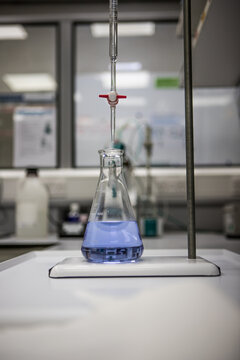 Analytical chemistry titration equipment. Laboratory glassware in a science lab
