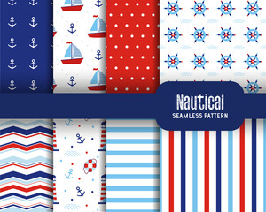 Set of sea seamless patterns with boat, anchor, wave, lighthouse, lifebuoy, polka dots and stripes. Nautical design. Marine elements. Vector illustration. Geometric textures for fabric, card.