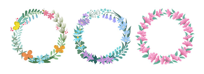 Floral wreath with red, blue, pink flower, yellow orange butterfly, and green leaf.