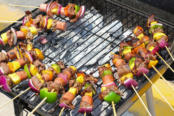 Beef and vegetables skewers on the grill 