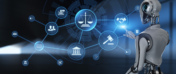 Law Lawyer jurisprudence concept. Robot pressing button on screen 3d render