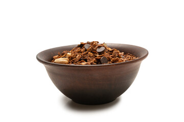Chocolate granola cereal with nuts in a bowl background.