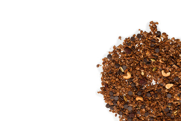 Chocolate granola cereal with nuts.