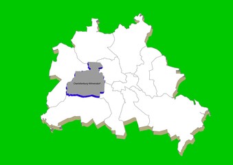 City map of Berlin in white with illustrative silhouette of the Charlottenburg - Wilmersdorf district in gray
